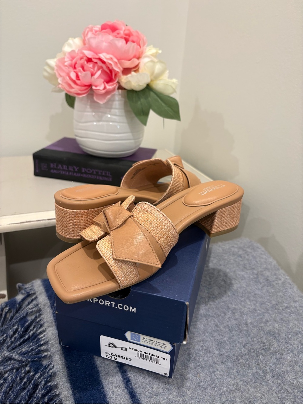 Rockport Tan Bow Block Heel Slide Sandals